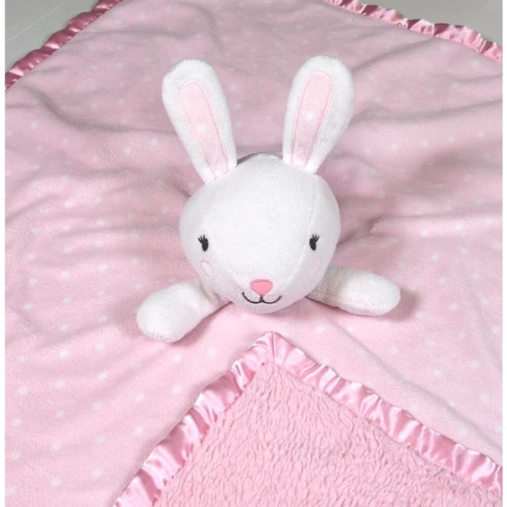 Cloud Island Pink Polka Dot Bunny Lovey Security Blanket Satin Trim Large 29"
